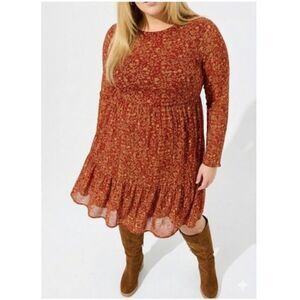 NWT Torrid Red Gold Floral Mesh Mini Dress 3X Whimsigoth Boho Tiered Long Sleeve